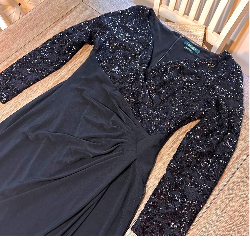 Ralph Lauren Evening Gown Black Sequinโ Long Sleeve Formal Dress Tall Medium 10
